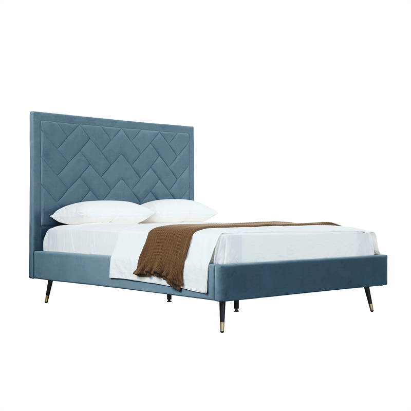 Manhattan Comfort Crosby Queen-Size Bed with Solid Wood Frame in Blue