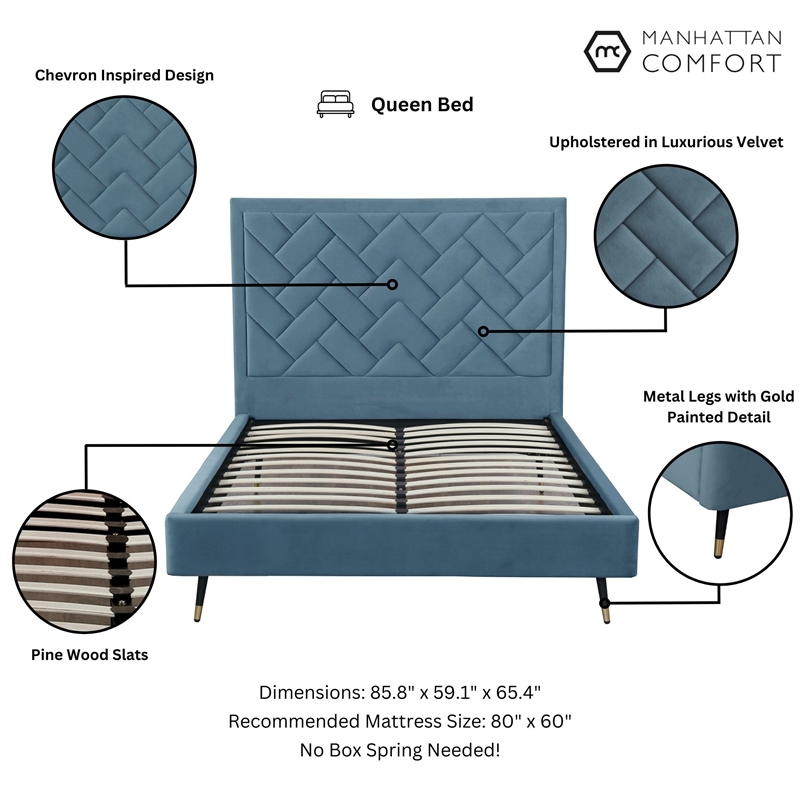 Manhattan Comfort Crosby Queen-Size Bed with Solid Wood Frame in Blue