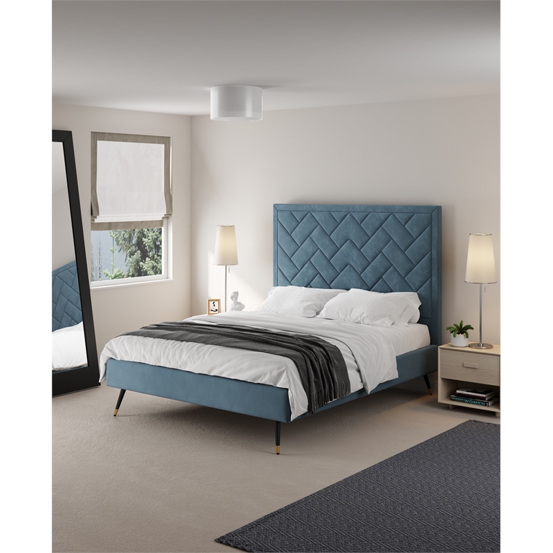 Manhattan Comfort Crosby Queen-Size Bed with Solid Wood Frame in Blue