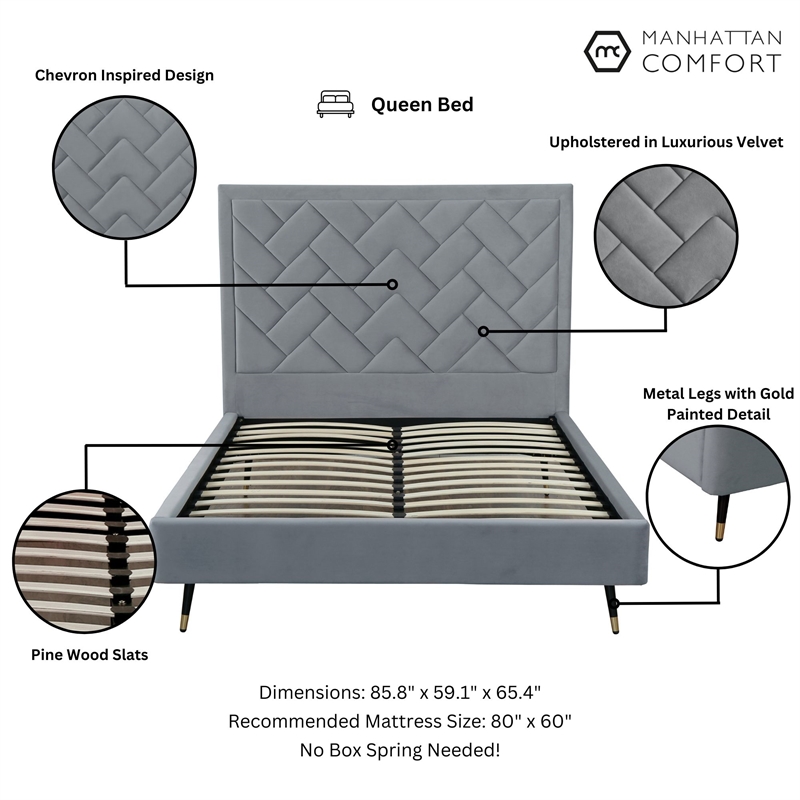 Manhattan Comfort Crosby Queen-Size Bed with Solid Wood Frame in Gray