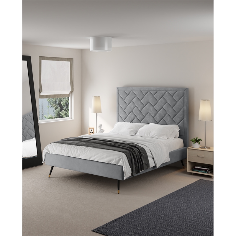 Manhattan Comfort Crosby Queen-Size Bed with Solid Wood Frame in Gray