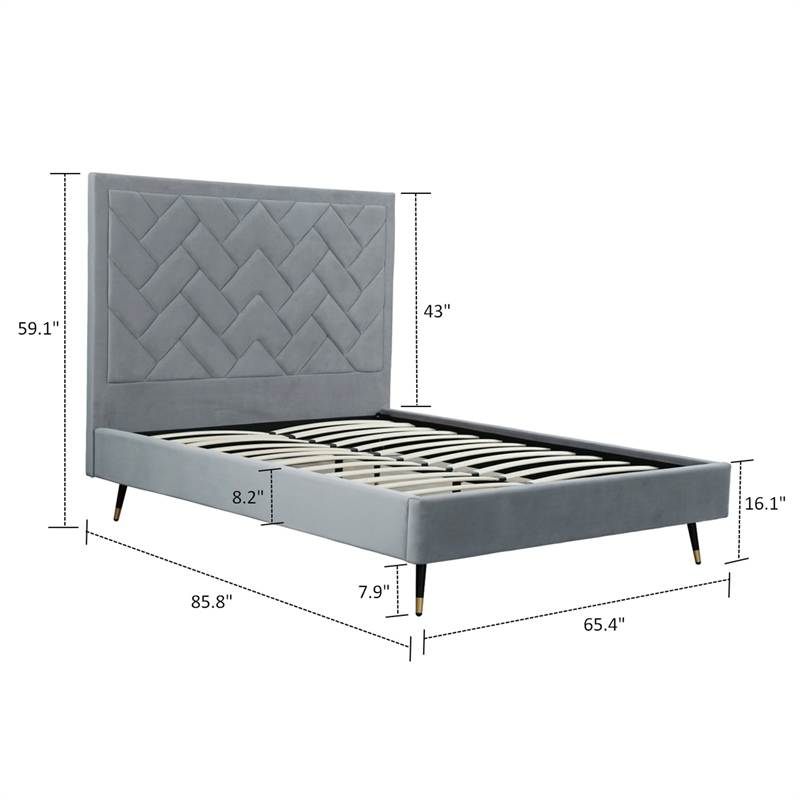 Manhattan Comfort Crosby Queen-Size Bed with Solid Wood Frame in Gray