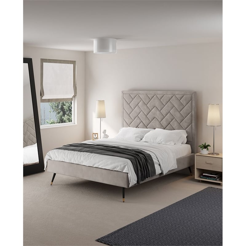 Manhattan Comfort Crosby Queen-Size Bed with Solid Wood Frame in Beige