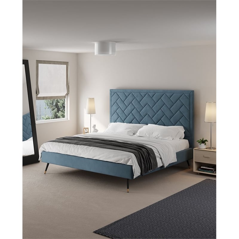 Manhattan Comfort Crosby King-Size Bed with Solid Wood Frame in Blue