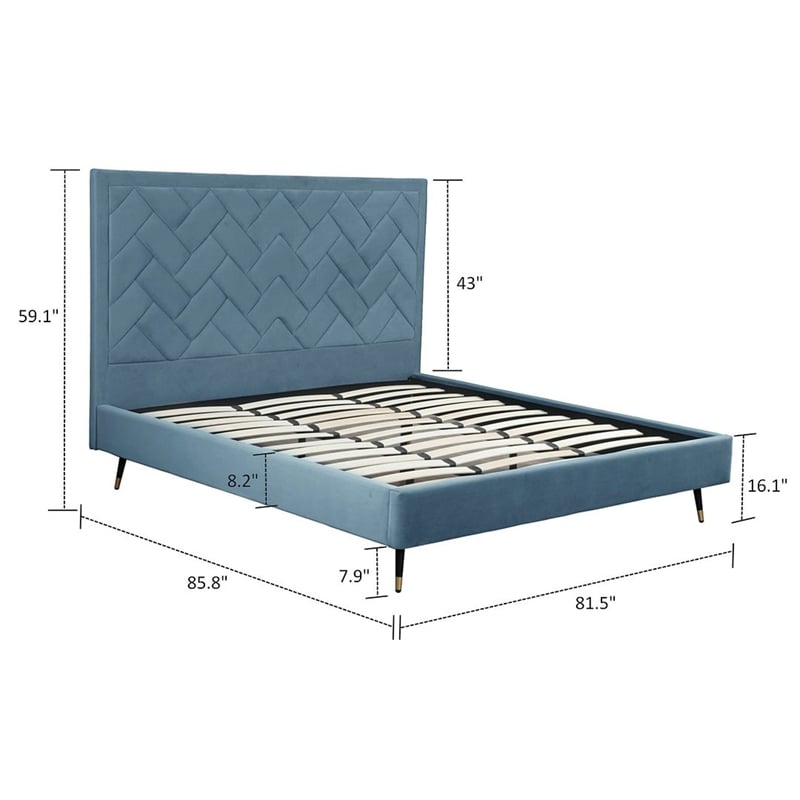 Manhattan Comfort Crosby King-Size Bed with Solid Wood Frame in Blue