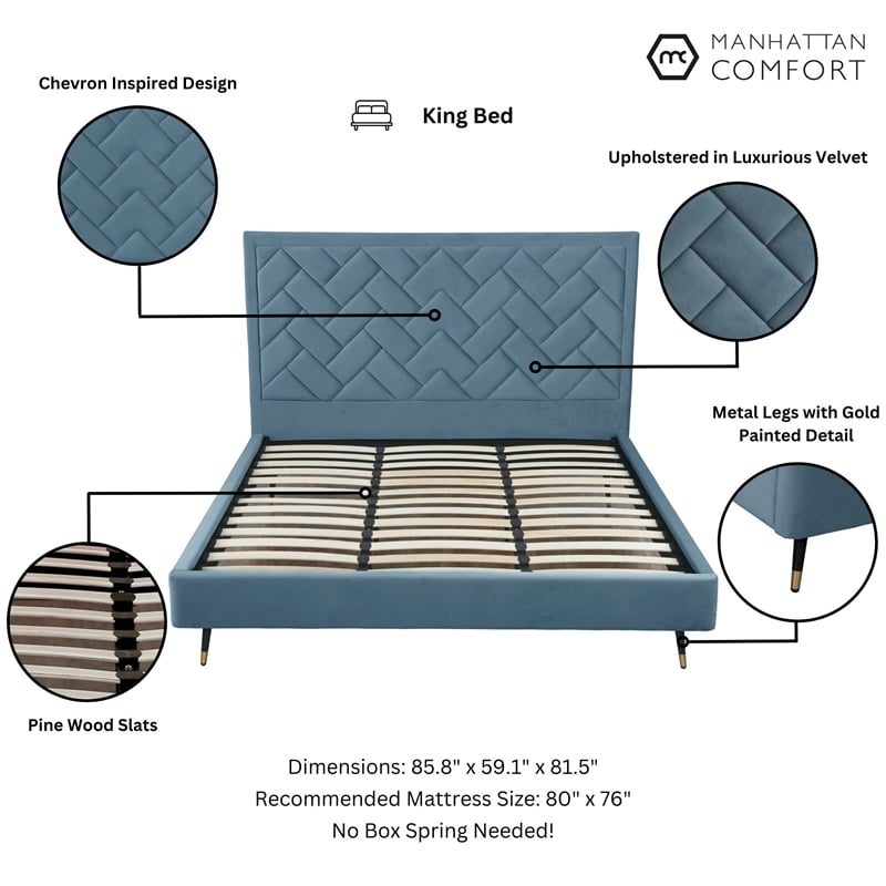 Manhattan Comfort Crosby King-Size Bed with Solid Wood Frame in Blue