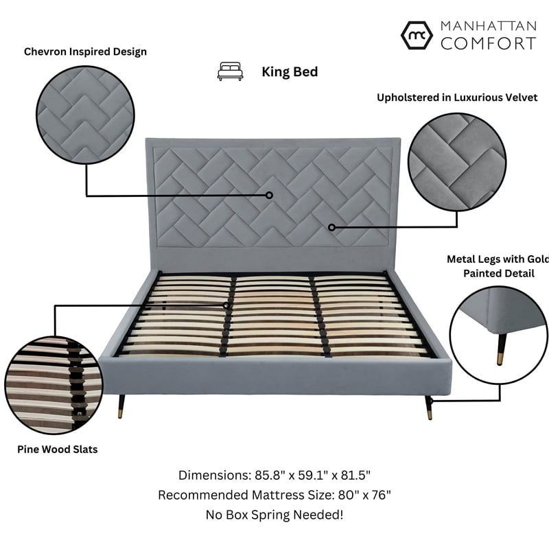 Manhattan Comfort Crosby King-Size Bed with Solid Wood Frame in Gray