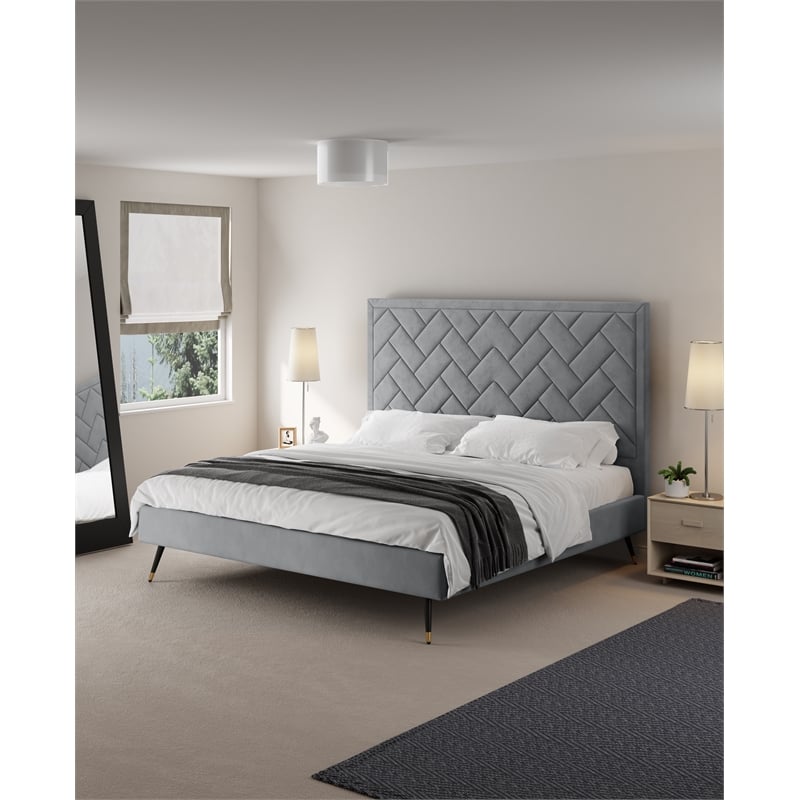 Manhattan Comfort Crosby King-Size Bed with Solid Wood Frame in Gray