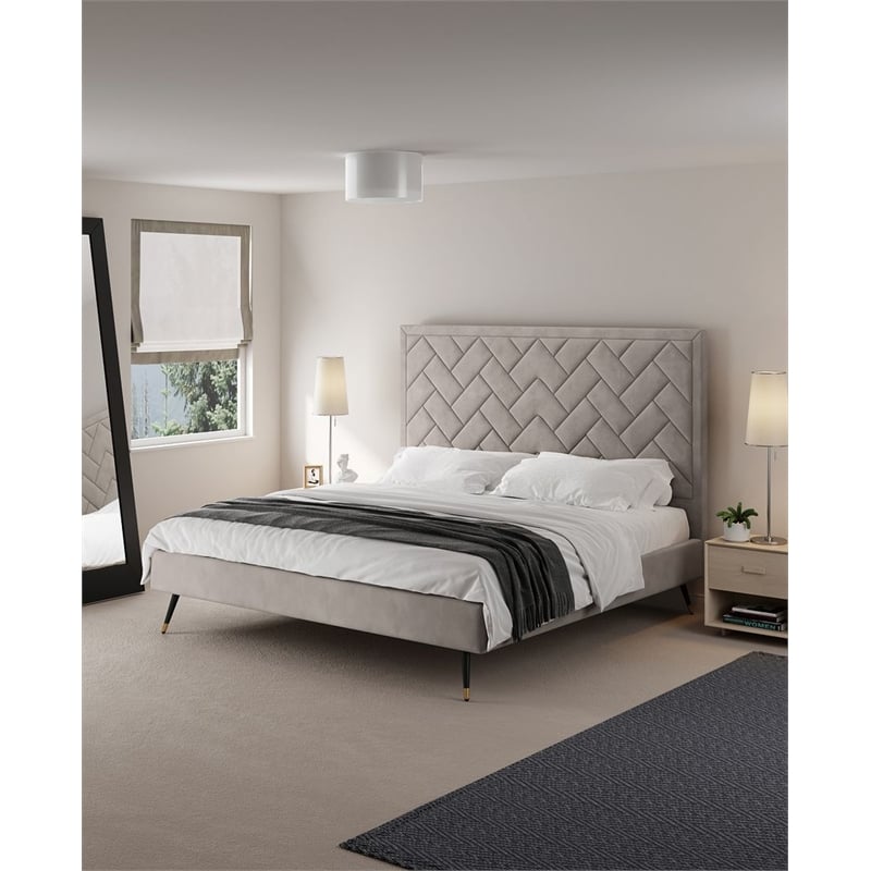 Manhattan Comfort Crosby King-Size Bed with Solid Wood Frame in Beige