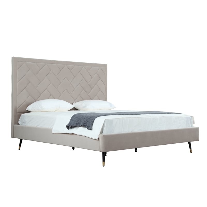 Manhattan Comfort Crosby King-Size Bed with Solid Wood Frame in Beige