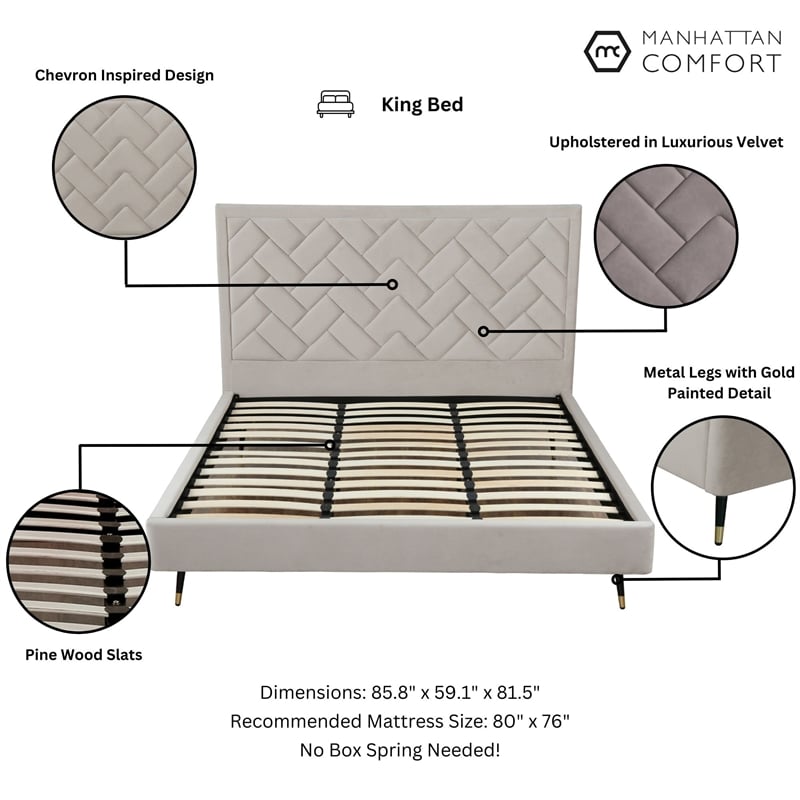 Manhattan Comfort Crosby King-Size Bed with Solid Wood Frame in Beige