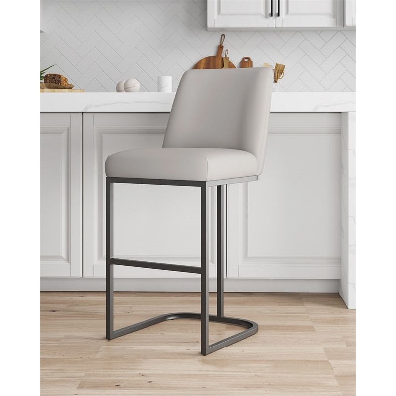 Manhattan Comfort Serena Upholstered Barstool with Steel Base in Light Gray