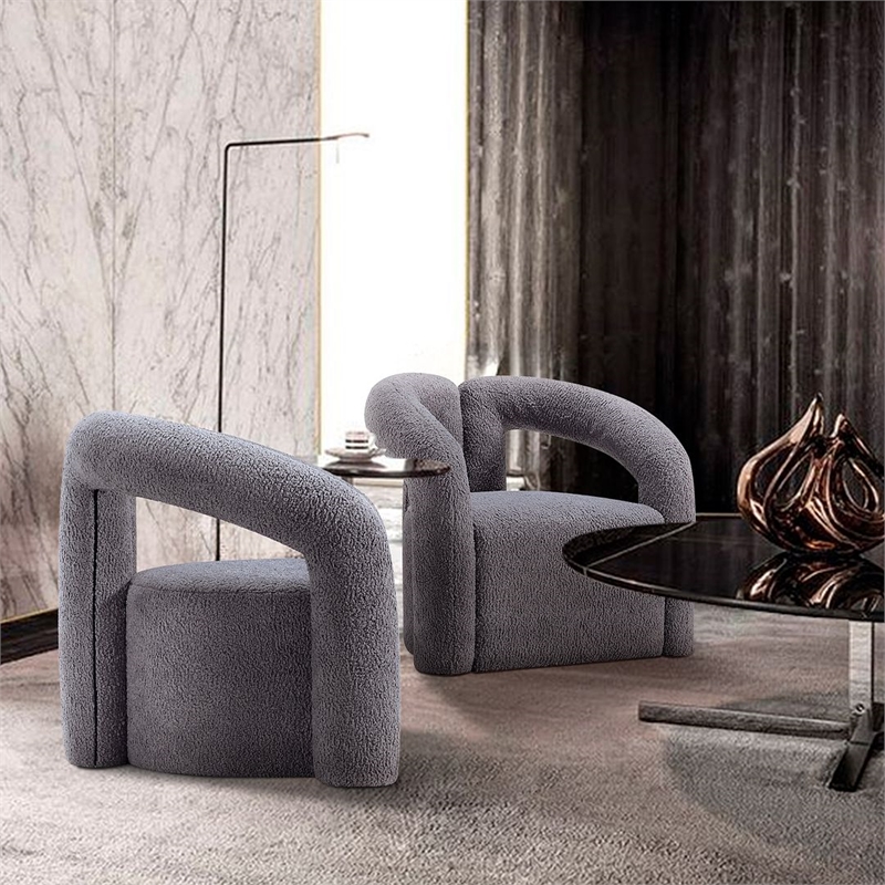 Manhattan Comfort Darian Boucle Accent Chair from Solid Wood in Gray (Set of 2)