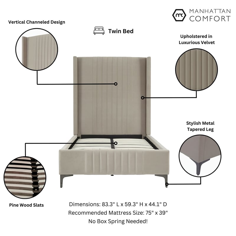 Manhattan Comfort Promenade Twin-Size Bed from Solid Wood in Rustic Taupe