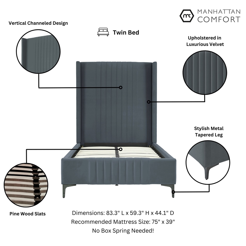 Manhattan Comfort Promenade Twin-Size Bed from Solid Wood in Gray