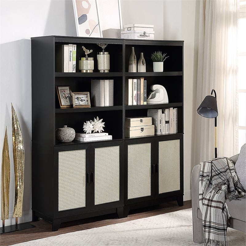 Manhattan Comfort Sheridan Engineered Wood Bookcase Cabinet in Black - Set of 2