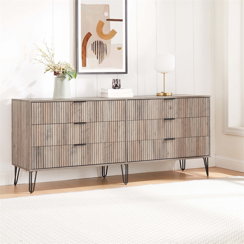 DUMBO 6-Drawer Double Low Dresser from Engineered Wood in Gray