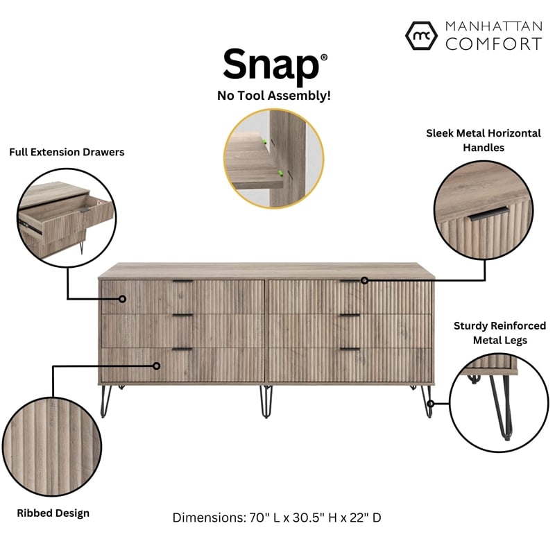 DUMBO 6-Drawer Double Low Dresser from Engineered Wood in Gray
