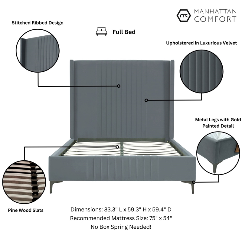 Manhattan Comfort Promenade Full-Size Bed made from Solid Wood in Gray