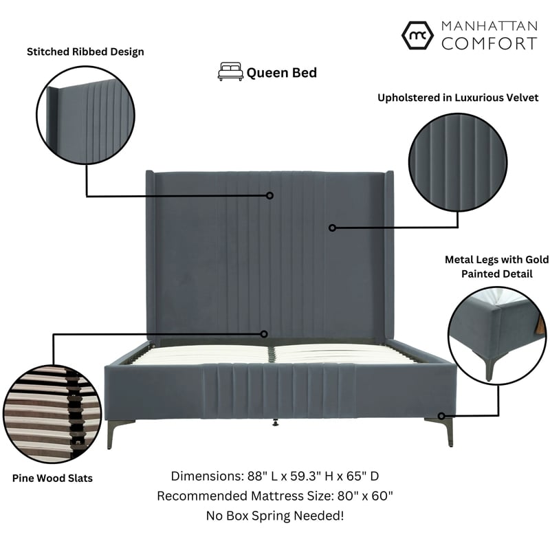 Manhattan Comfort Promenade Queen-Size Bed made from Solid Wood in Gray