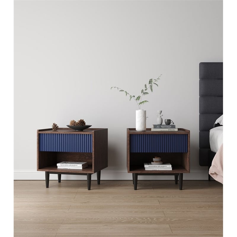Duane Nightstand from Engineered Wood in Dark Brown and Navy Blue - Set of 2