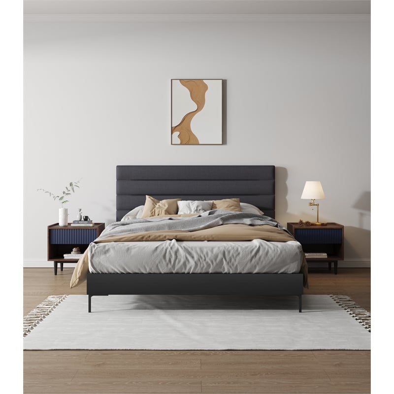 Duane Nightstand from Engineered Wood in Dark Brown and Navy Blue - Set of 2