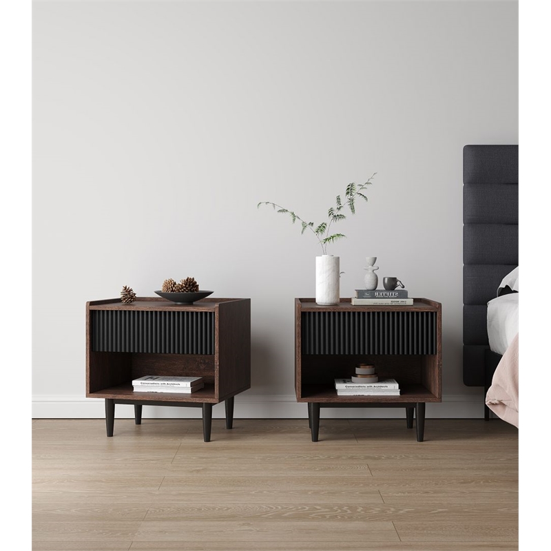 Duane Nightstand from Engineered Wood in Dark Brown and Black - Set of 2