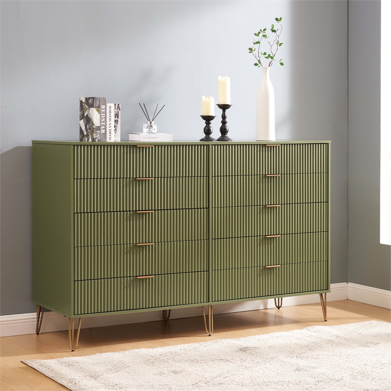 DUMBO 10-Drawer Double Tall Dresser from Engineered Wood in Olive Green