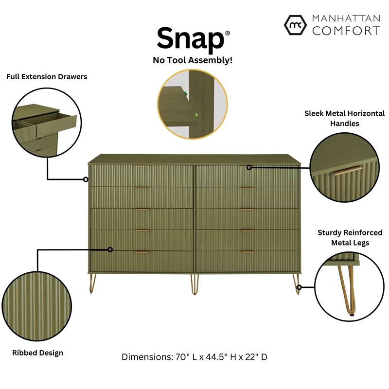 DUMBO 10-Drawer Double Tall Dresser from Engineered Wood in Olive Green