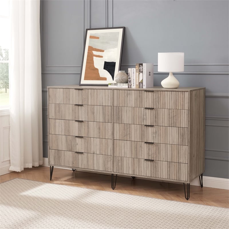 DUMBO 10-Drawer Double Tall Dresser from Engineered Wood in Gray