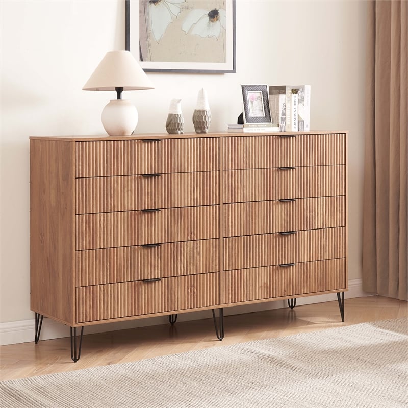 DUMBO 10-Drawer Double Tall Dresser from Engineered Wood in Golden Brown