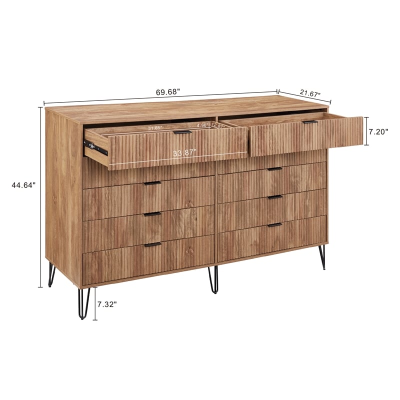 DUMBO 10-Drawer Double Tall Dresser from Engineered Wood in Golden Brown