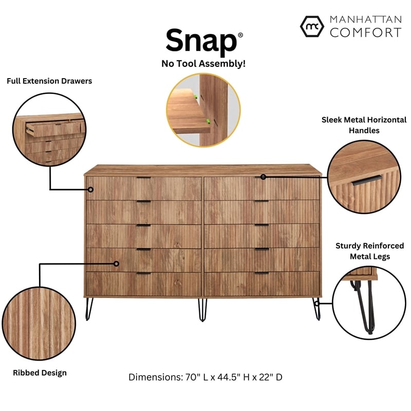 DUMBO 10-Drawer Double Tall Dresser from Engineered Wood in Golden Brown