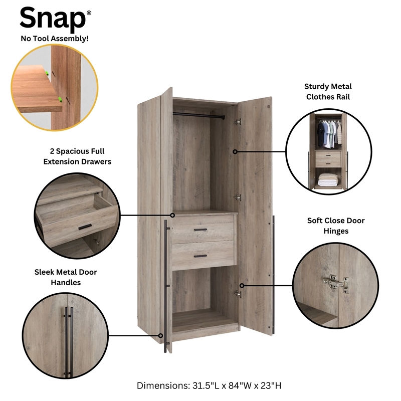 Lee 3-Piece Module Wardrobe Closet from Engineered Wood in Rustic Gray