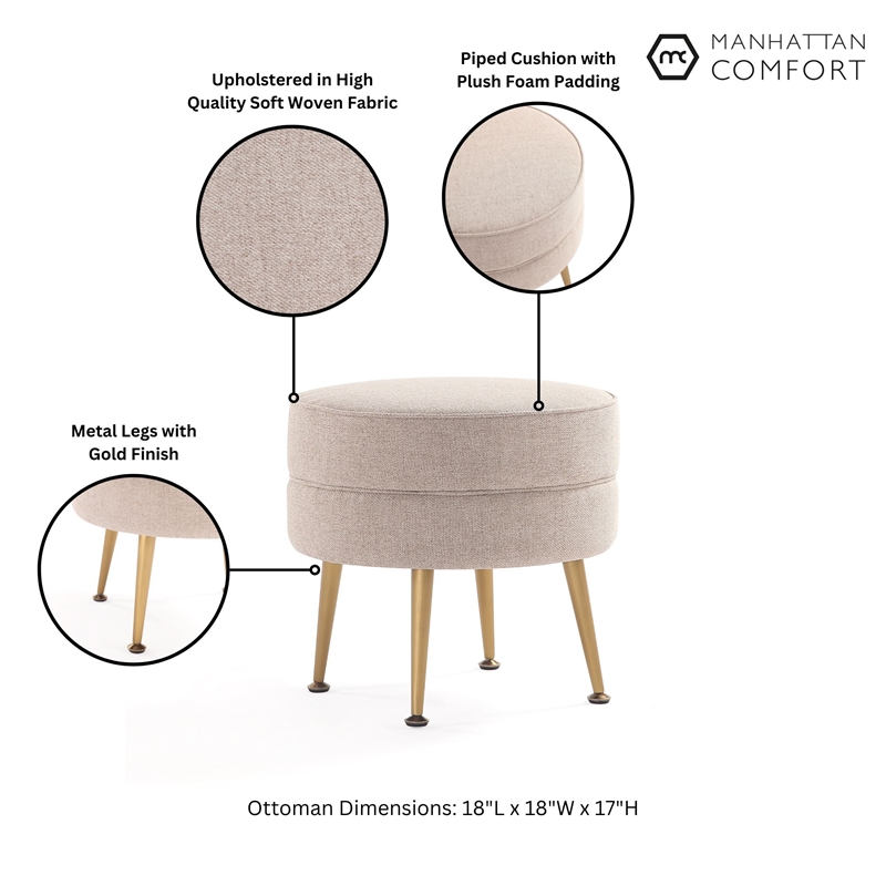 Manhattan Comfort Bailey Ottoman in Oatmeal with Solid Wood Base & Gold Feet