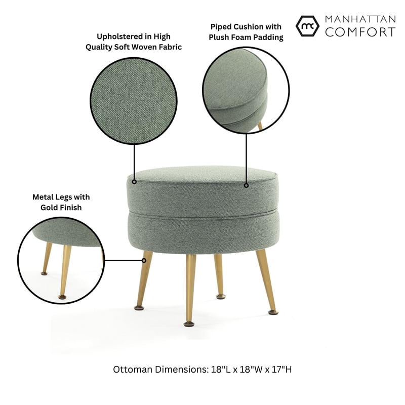 Manhattan Comfort Bailey Ottoman in Sage Green with Solid Wood Base & Gold Feet