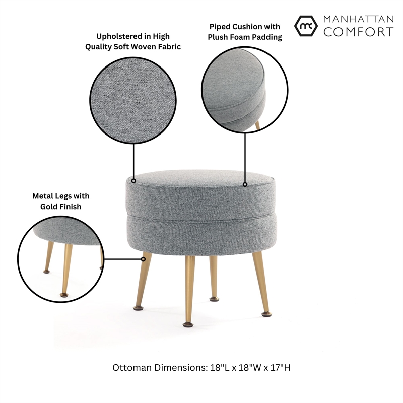 Manhattan Comfort Bailey Ottoman in Gray with Solid Wood Base & Gold Feet