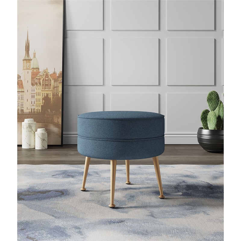Manhattan Comfort Bailey Ottoman in Blue with Solid Wood Base & Gold Feet
