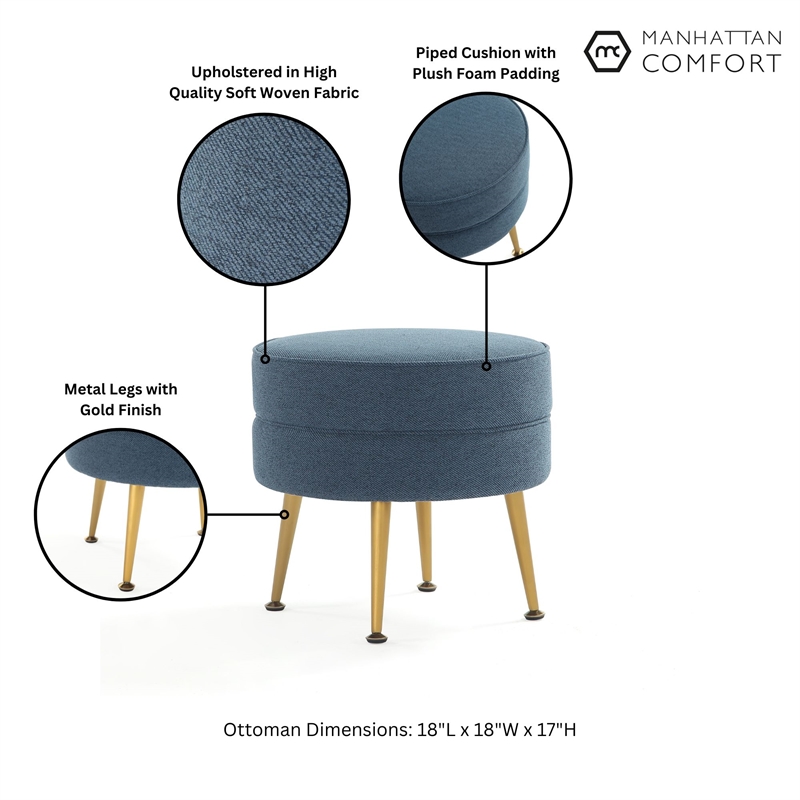 Manhattan Comfort Bailey Ottoman in Blue with Solid Wood Base & Gold Feet