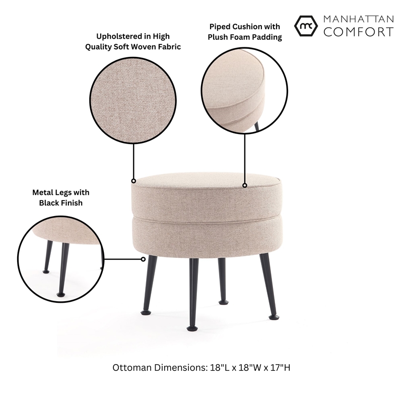 Manhattan Comfort Bailey Ottoman in Oatmeal with Solid Wood Base & Black Feet