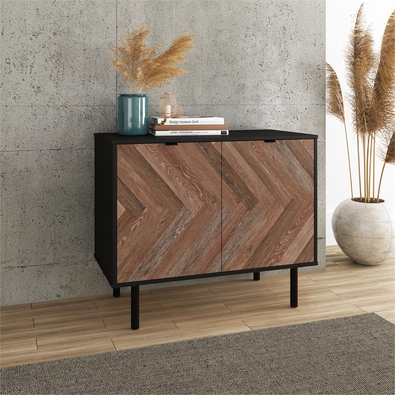 Manhattan Comfort Liam Accent Cabinet from Engineered Wood in Black & Brown Wood