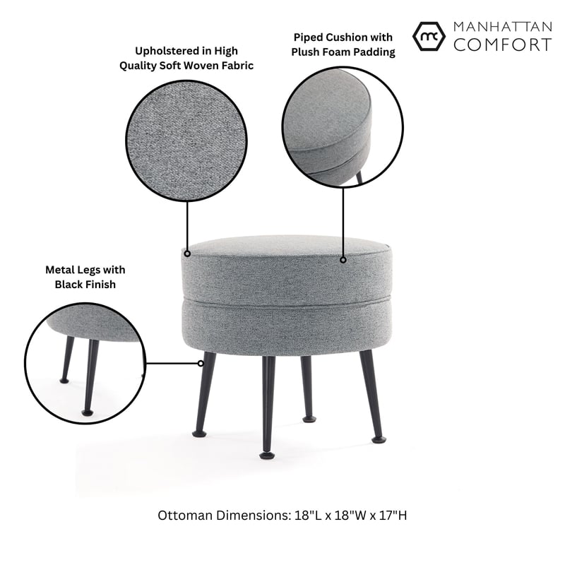 Manhattan Comfort Bailey Ottoman in Gray with Solid Wood Base and Black Feet