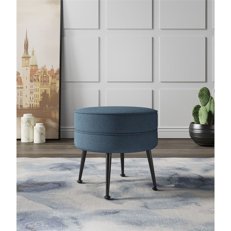 Manhattan Comfort Bailey Ottoman in Blue with Solid Wood Base and Black Feet