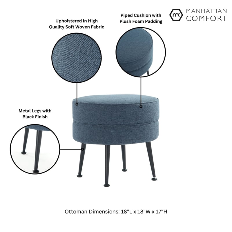 Manhattan Comfort Bailey Ottoman in Blue with Solid Wood Base and Black Feet