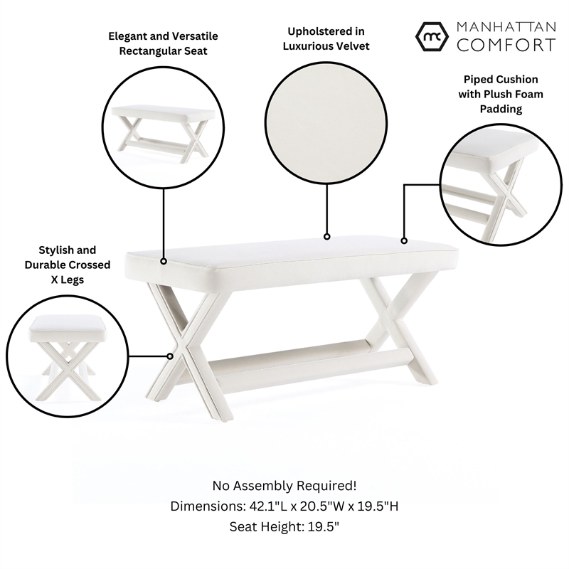 Manhattan Comfort Abigail Double Ottoman Bench with Solid Wood Frame in Cream