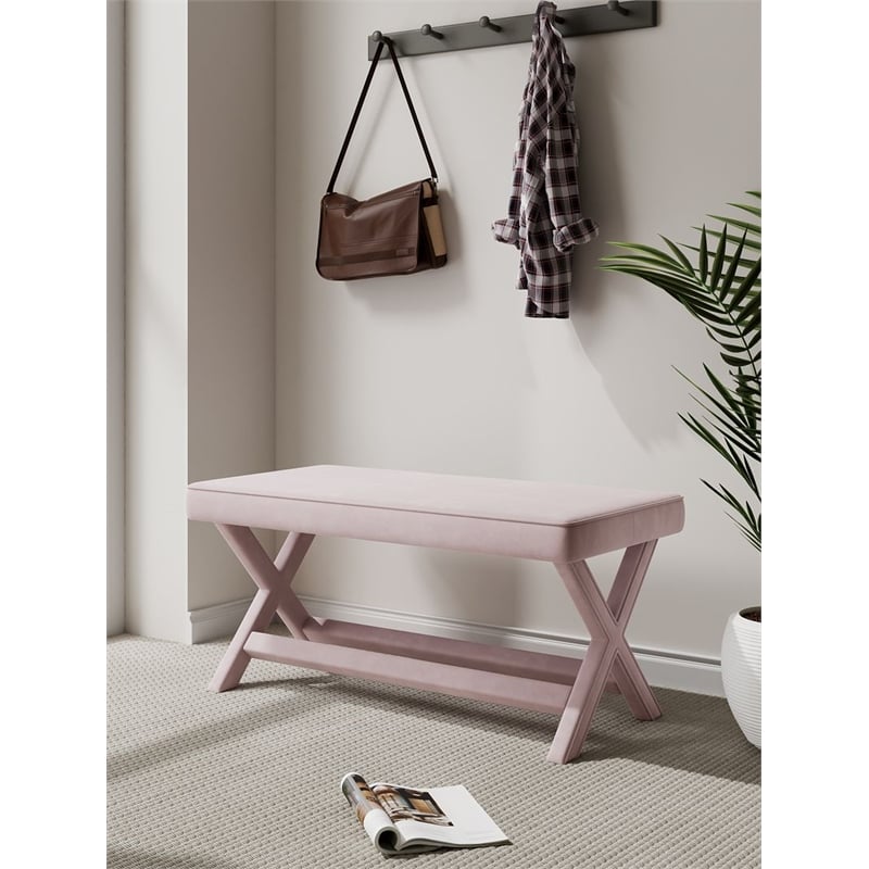 Manhattan Comfort Abigail Double Ottoman Bench with Solid Wood Frame in Pink
