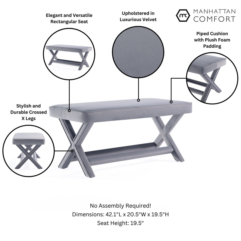 Manhattan Comfort Abigail Double Ottoman Bench with Solid Wood Frame in Gray