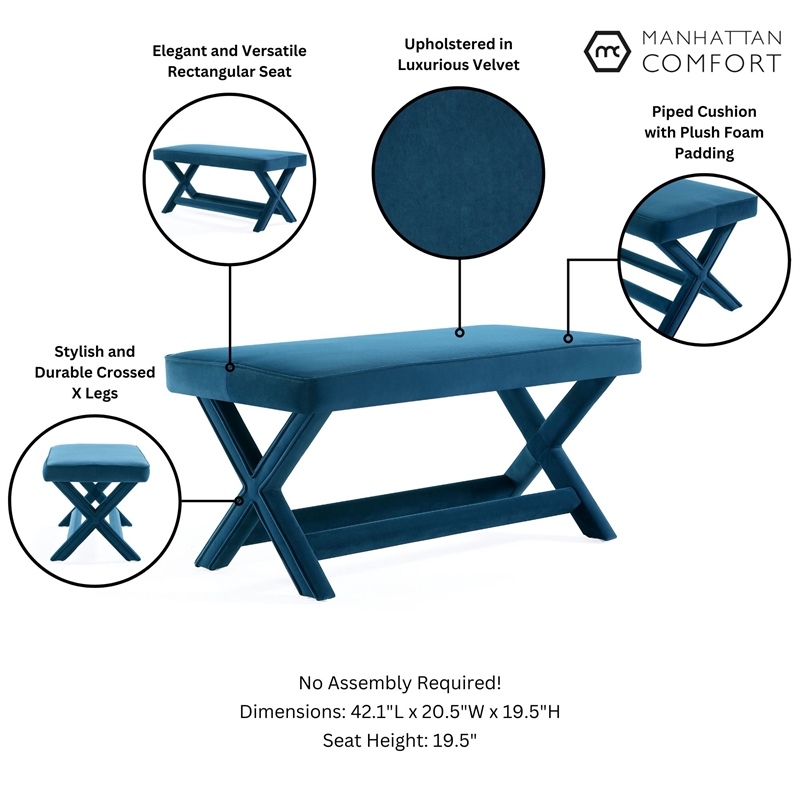 Manhattan Comfort Abigail Double Ottoman Bench with Solid Wood Frame in Blue