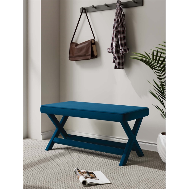 Manhattan Comfort Abigail Double Ottoman Bench with Solid Wood Frame in Blue