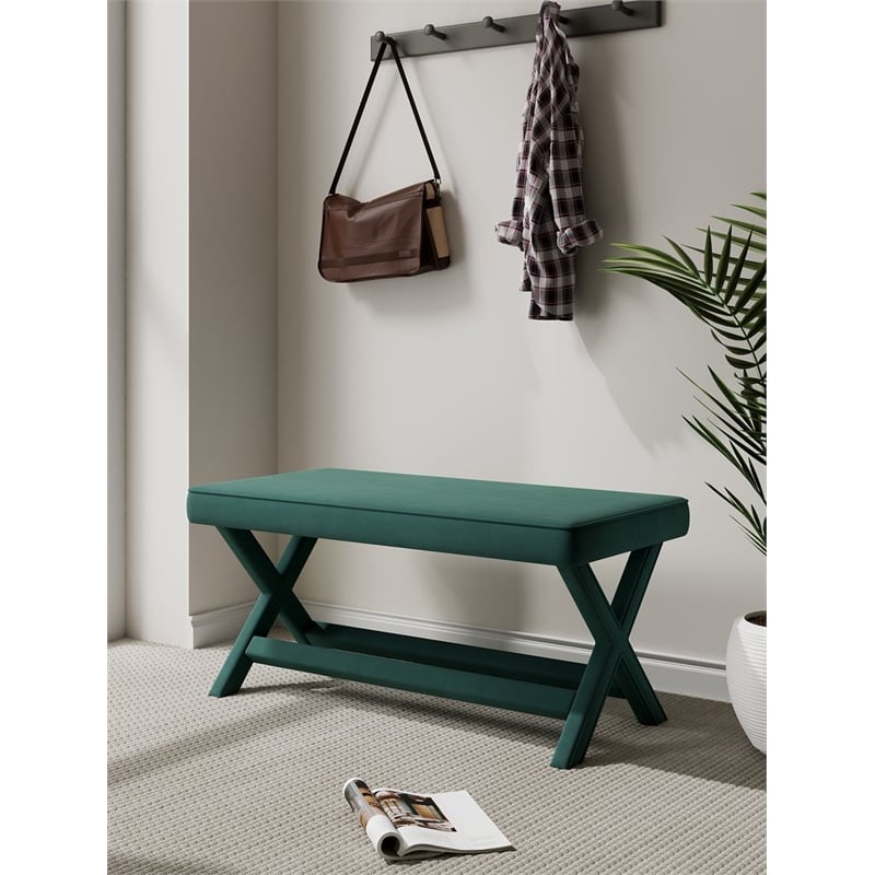 Manhattan Comfort Abigail Double Ottoman Bench with Solid Wood Frame in Green